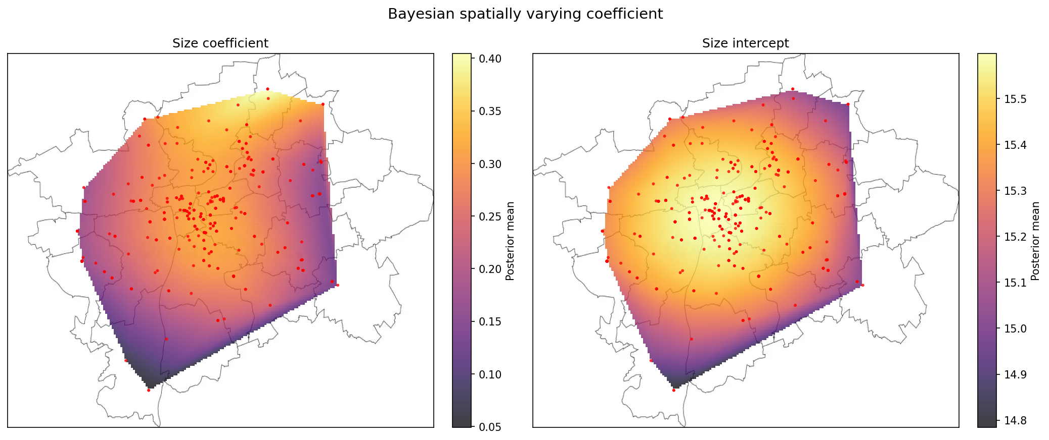 Spatial maps: size coefficient βa(s) and intercept α(s)